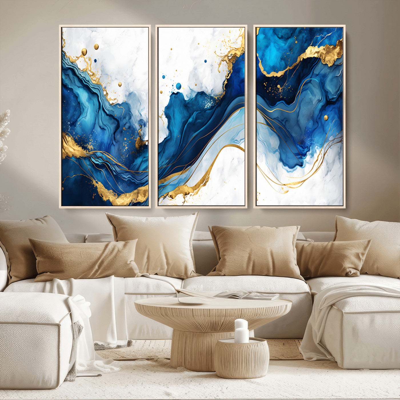 33506371-MGV-FC-48X32-3P_Natural-Blue Marble Wall Art Canvas Print, Framed Gold Splash Art Picture Print, Abstract Wave Perfect Modern Luxe Decor Artwork