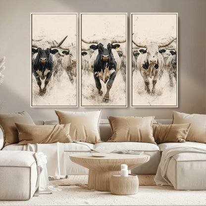 61538944-MGV-CV-36X24-Texas Longhorn Wall Art Canvas Print, Framed Cattles Walking Art Picture Print, Black White Bulls Perfect Rustic Western Decor