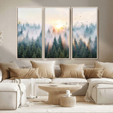92718976-MGV-CV-36X24-Misty Forest Wall Art Canvas Print, Framed Sunrise Pines Art Picture Print, Foggy Woodland Perfect Moody Woodland Decor Artwork