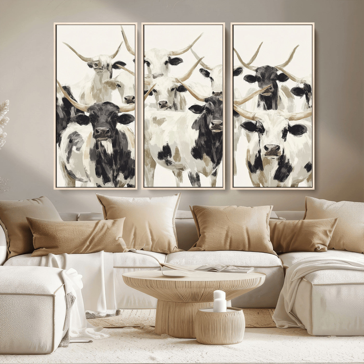 52947970-MGV-CV-36X24-Texas Longhorn Wall Art Canvas Print, Framed Cattle Herd Art Picture Print, Herd Portrait Perfect Modern Farmhouse Decor Artwork