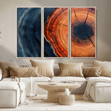 57732250-MGV-CV-36X24-Tree Ring Abstract Wall Art – Blue Orange Wood Grain Canvas Print, Modern Rustic Nature Artwork for Living Room, Office,
