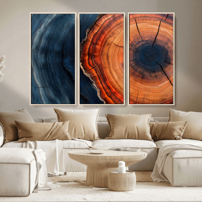 57732250-MGV-CV-36X24-Tree Ring Abstract Wall Art – Blue Orange Wood Grain Canvas Print, Modern Rustic Nature Artwork for Living Room, Office,