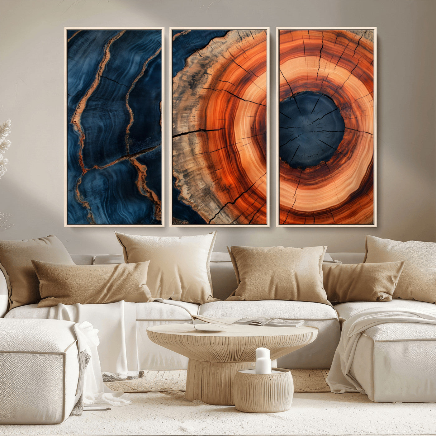 41123192-MGV-FC-48X32-3P_Natural-Tree Ring Canvas Wall Art – Abstract Blue Orange Wood Grain Print, Rustic Modern Nature Artwork for Living Room, Bedroom, Office