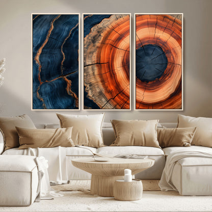 41123192-MGV-FC-48X32-3P_Natural-Tree Ring Canvas Wall Art – Abstract Blue Orange Wood Grain Print, Rustic Modern Nature Artwork for Living Room, Bedroom, Office