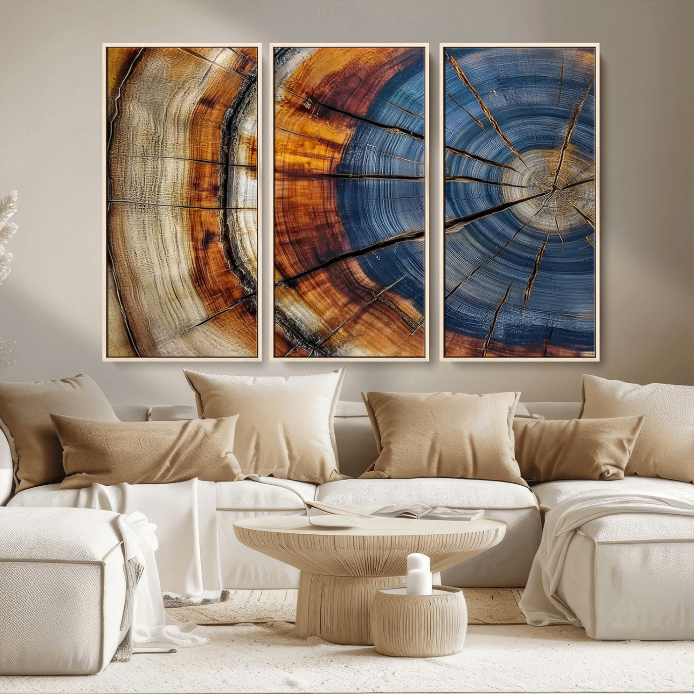 18032999-MGV-CV-36X24-Tree Ring Wall Art – Blue Brown Abstract Wood Slice Canvas Print, Rustic Modern Nature Decor for Living Room, Office, Bedroom or
