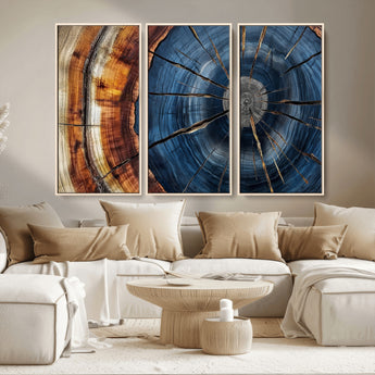 45268471-MGV-CV-36X24-Blue Tree Ring Wall Art – Rustic Wood Cross Section Canvas Print, Modern Abstract Nature Decor for Living Room, Office, or Cabin