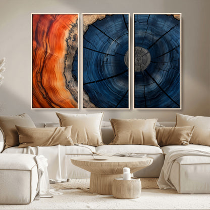 26110607-MGV-CV-36X24-Blue and Orange Tree Ring Wall Art – Abstract Wood Cross Section Canvas Print, Modern Rustic Nature Decor for Living Room, Office,