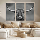 81228550-MGV-CV-36X24-Framed Texas Longhorn Bull Art Canvas Print, Western Bull Wall Art Print, Long Horn Bull Photo Print for Log Cabin, Large Bull