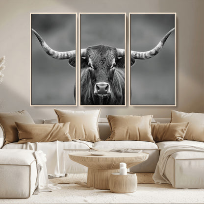81228550-MGV-CV-36X24-Framed Texas Longhorn Bull Art Canvas Print, Western Bull Wall Art Print, Long Horn Bull Photo Print for Log Cabin, Large Bull