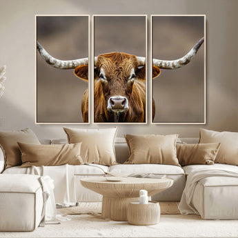 12179171-MGV-CV-36X24-Texas Longhorn Wall Art Canvas Print, Framed Brown Bull Art Picture Print, Lone Cattle Perfect Rustic Western Decor Artwork
