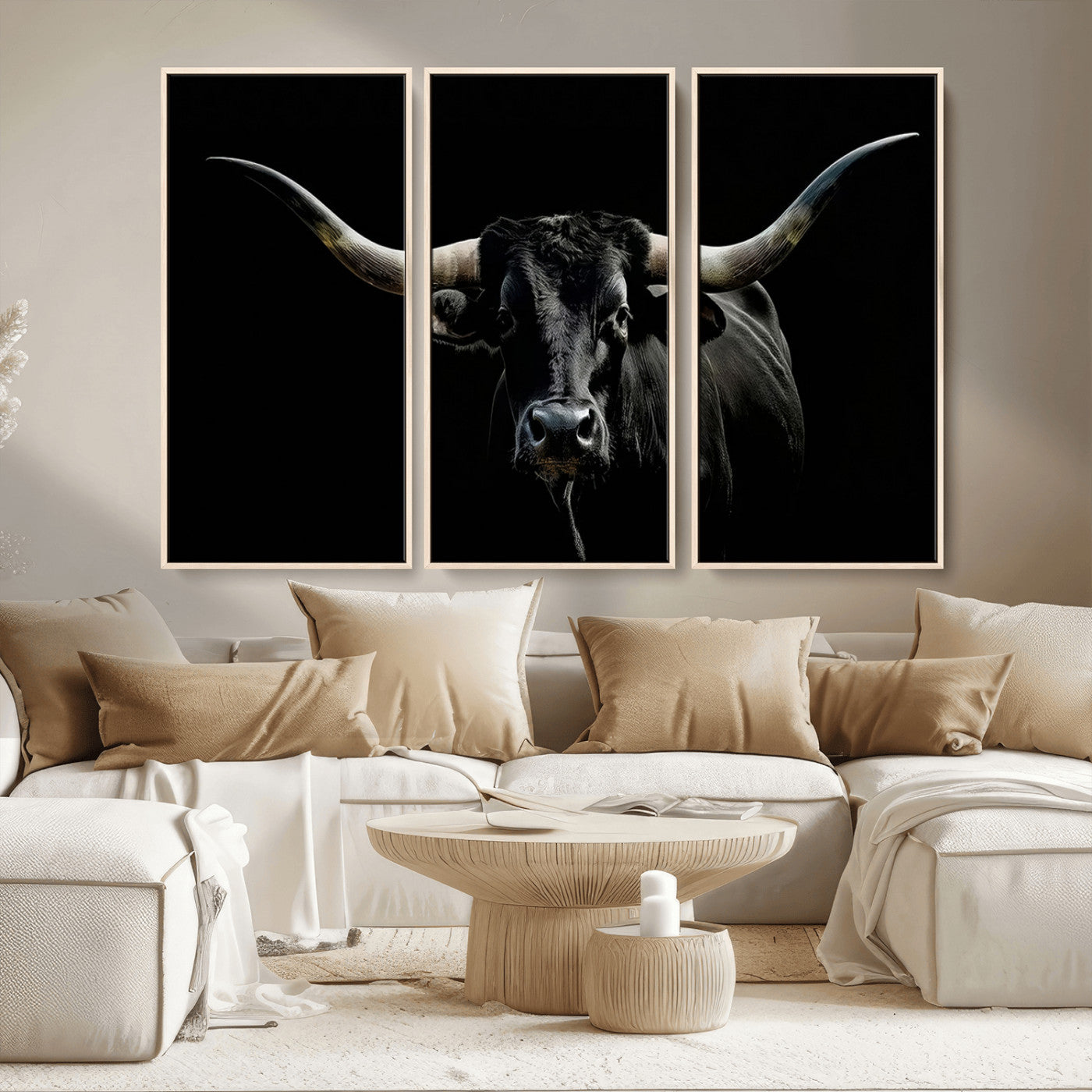 37531960-MGV-CV-36X24-Black Longhorn Bull Wall Art – Dramatic Western Cattle Canvas Print, Rustic Farmhouse Animal Artwork for Living Room, Bedroom,