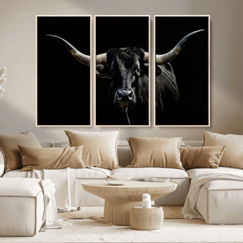 37531960-MGV-CV-36X24-Black Longhorn Bull Wall Art – Dramatic Western Cattle Canvas Print, Rustic Farmhouse Animal Artwork for Living Room, Bedroom,