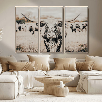 27497342-MGV-CV-36X24-Texas Longhorn Wall Art Canvas Print, Framed Speckled Cow Art Picture Print, Horned Cattle Perfect Rustic Western Decor Artwork