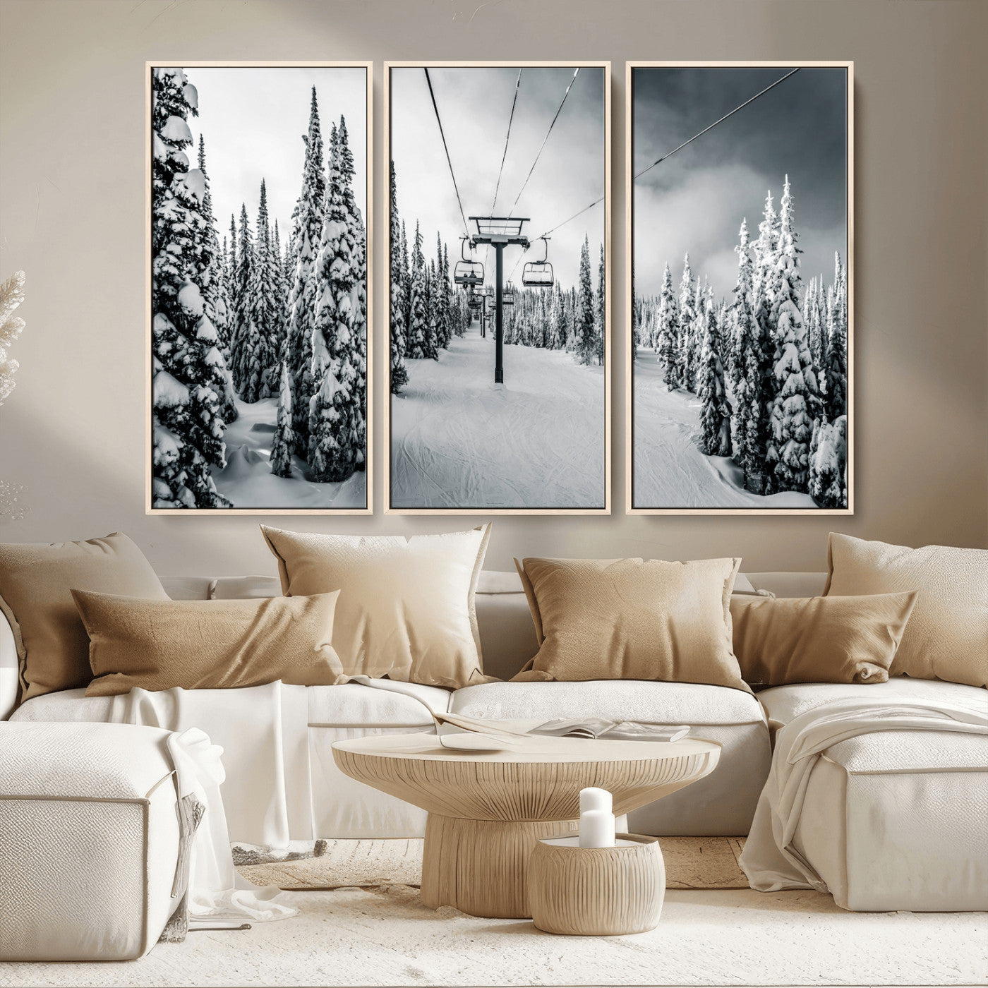 31156828-MGV-CV-36X24-Snowy Pines Wall Art Canvas Print, Framed Ski Lift Art Picture Print, Winter Forest Perfect Moody Lodge Decor Artwork