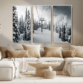 31156828-MGV-CV-36X24-Snowy Pines Wall Art Canvas Print, Framed Ski Lift Art Picture Print, Winter Forest Perfect Moody Lodge Decor Artwork