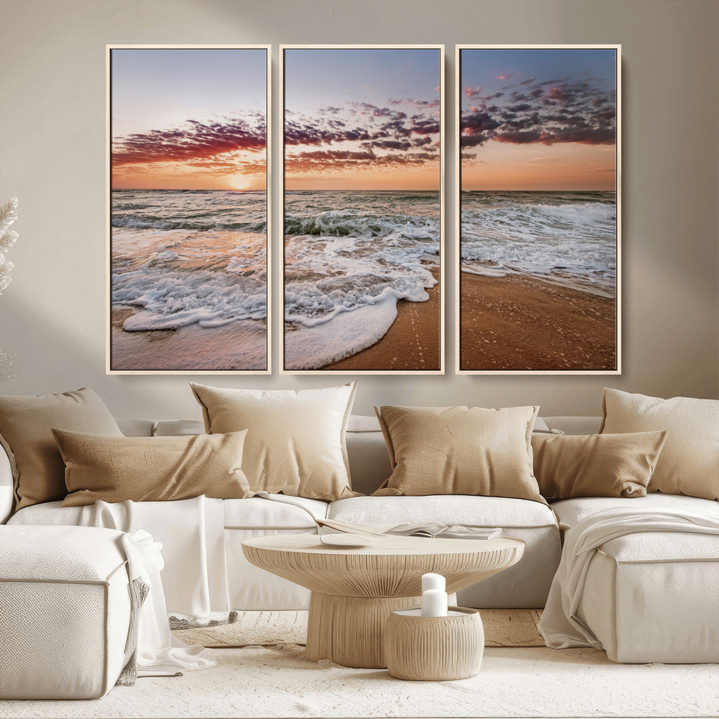 39846389-MGV-FC-48X32-3P_Natural-Ocean Sunset Wall Art Canvas Print, Framed Sandy Shore Art Picture Print, Gentle Waves Perfect Minimalist Coastal Decor Artwork