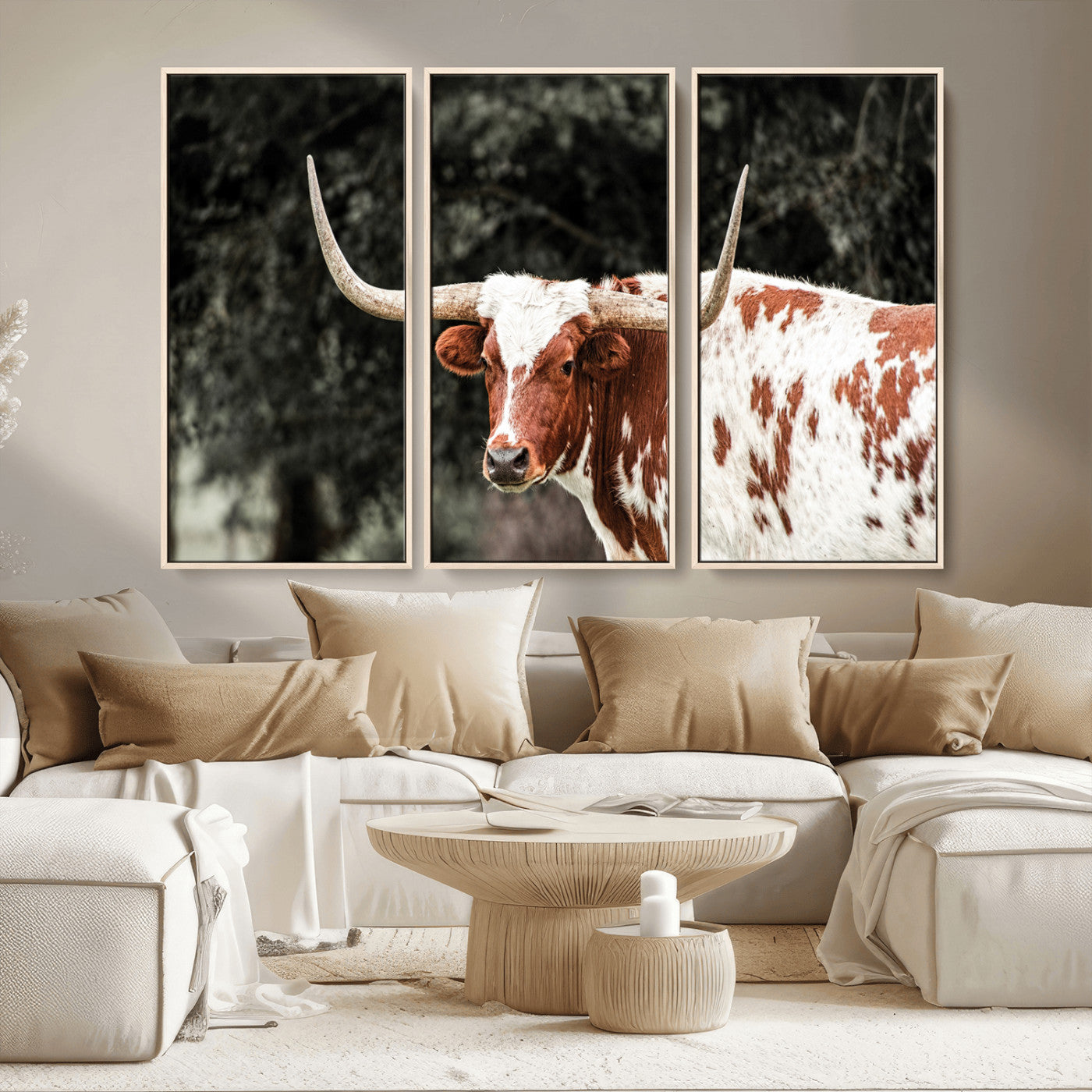 54027638-MGV-CV-36X24-Texas Longhorn Wall Art Canvas Print, Framed Spotted Cow Art Picture Print, Horned Bull Perfect Rustic Western Decor Artwork