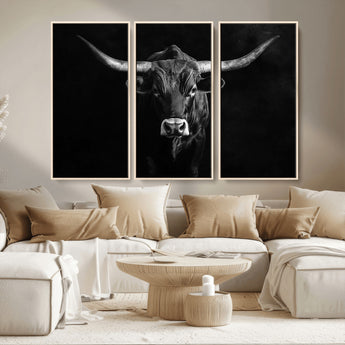 42077175-MGV-CV-36X24-Texas Longhorn Wall Art Canvas Print, Framed Monochrome Bull Art Picture Print, Horned Bull Perfect Rustic Western Decor Artwork