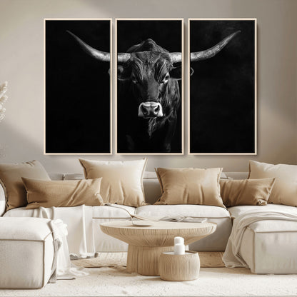 42077175-MGV-CV-36X24-Texas Longhorn Wall Art Canvas Print, Framed Monochrome Bull Art Picture Print, Horned Bull Perfect Rustic Western Decor Artwork