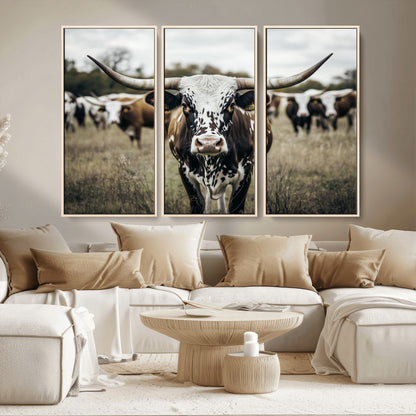 79025945-MGV-CV-36X24-Texas Longhorn Wall Art Canvas Print, Framed Speckled Cow Art Picture Print, Horned Cattle Perfect Rustic Western Decor Artwork