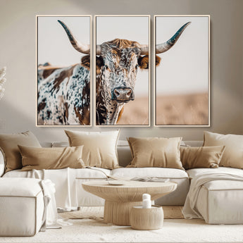 70414966-MGV-CV-36X24-Texas Longhorn Wall Art Canvas Print, Framed Speckled Cow Art Picture Print, Horned Bull Perfect Rustic Western Decor Artwork