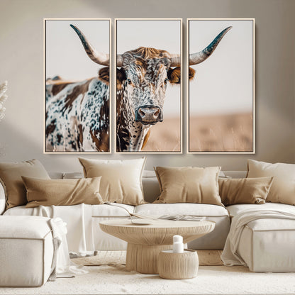 70414966-MGV-CV-36X24-Texas Longhorn Wall Art Canvas Print, Framed Speckled Cow Art Picture Print, Horned Bull Perfect Rustic Western Decor Artwork