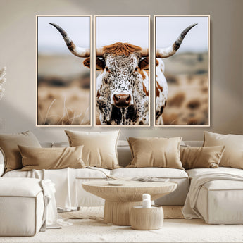 76294381-MGV-CV-36X24-Texas Longhorn Wall Art Canvas Print, Framed Spotted Cow Art Picture Print, Horned Cattle Perfect Rustic Western Decor Artwork