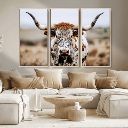 76294381-MGV-CV-36X24-Texas Longhorn Wall Art Canvas Print, Framed Spotted Cow Art Picture Print, Horned Cattle Perfect Rustic Western Decor Artwork