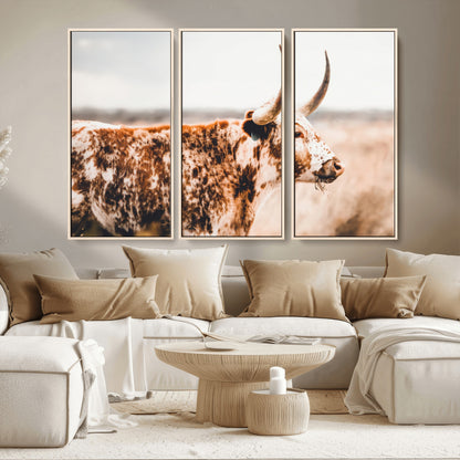 11528295-MGV-CV-36X24-Speckled Longhorn Wall Art Canvas Print, Framed Texas Cattle Art Picture Print, Horned Cow Perfect Rustic Western Decor Artwork