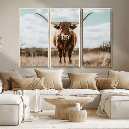 39350715-MGV-CV-36X24-Texas Longhorn Wall Art Canvas Print, Framed Longhorn Cow Art Picture Print, Western Cattle Perfect Rustic Western Decor Artwork