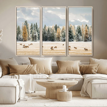 64188182-MGV-CV-36X24-Elk Herd Wall Art Canvas Print, Framed Snowy Forest Art Picture Print, Forest Elks Perfect Neutral Rustic Decor Artwork