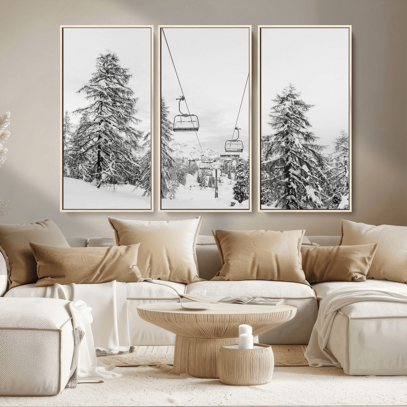 55003599-MGV-CV-36X24-Snowy Ski Lift Wall Art Canvas Print, Framed Winter Forest Art Picture Print, Ski lift Ride Perfect Winter Lodge Decor Artwork