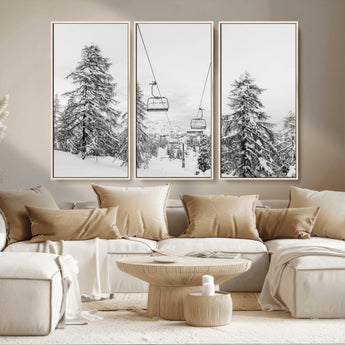 55003599-MGV-CV-36X24-Snowy Ski Lift Wall Art Canvas Print, Framed Winter Forest Art Picture Print, Ski lift Ride Perfect Winter Lodge Decor Artwork
