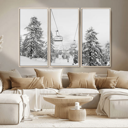 55003599-MGV-CV-36X24-Snowy Ski Lift Wall Art Canvas Print, Framed Winter Forest Art Picture Print, Ski lift Ride Perfect Winter Lodge Decor Artwork