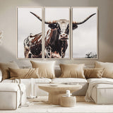 95249234-MGV-CV-36X24-Texas Longhorn Wall Art Canvas Print, Framed Spotted Bull Art Picture Print, Horned Cattle Perfect Rustic Farmhouse Decor Artwork