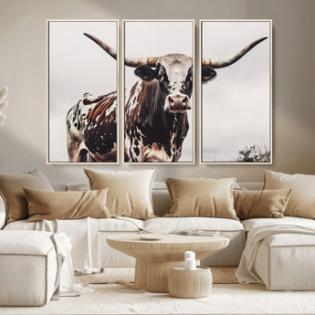 95249234-MGV-CV-36X24-Texas Longhorn Wall Art Canvas Print, Framed Spotted Bull Art Picture Print, Horned Cattle Perfect Rustic Farmhouse Decor Artwork