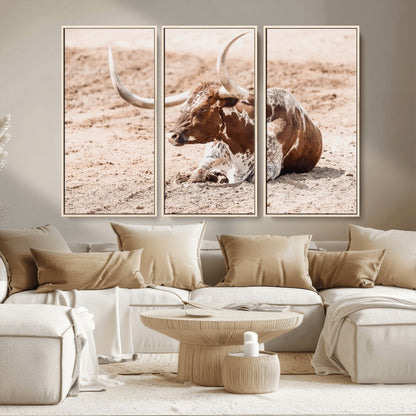 91248682-MGV-CV-36X24-Texas Longhorn Wall Art Canvas Print, Framed Resting Bull Art Picture Print, Spotted Cattle Perfect Rustic Western Decor Artwork