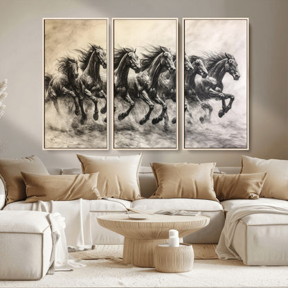 56089591-MGV-CV-36X24-Galloping Horses Wall Art Canvas Print, Framed Wild Stallions Art Picture Print, Horse Herd Sketch Perfect Monochrome Dynamic