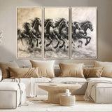 56089591-MGV-CV-36X24-Galloping Horses Wall Art Canvas Print, Framed Wild Stallions Art Picture Print, Horse Herd Sketch Perfect Monochrome Dynamic