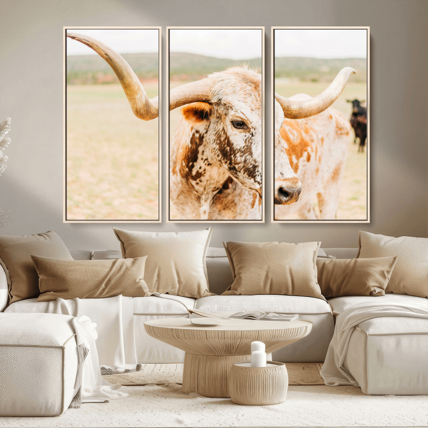 21060648-MGV-CV-36X24-Texas Longhorn Wall Art Canvas Print, Framed Speckled Cow Art Picture Print, Rustic Bull Perfect Rustic Western Decor Artwork