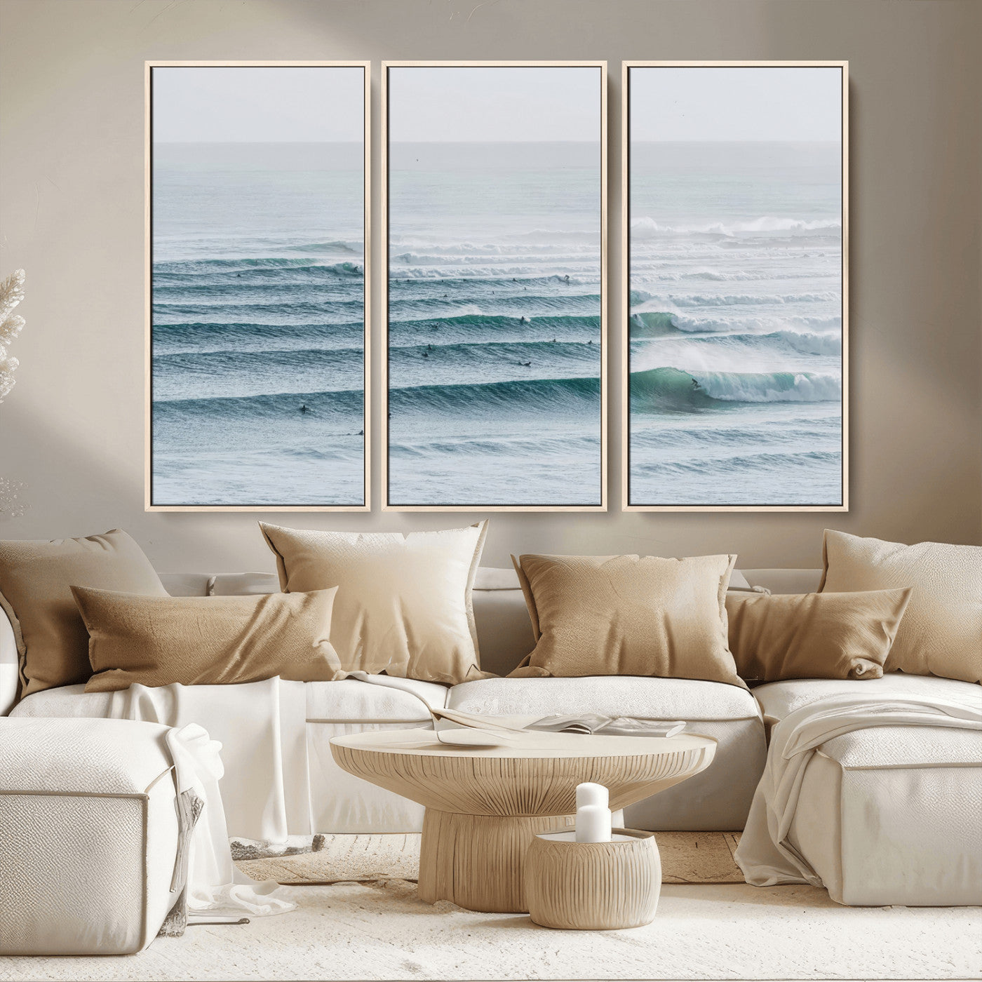 73969318-MGV-CV-36X24-Ocean Waves Wall Art Canvas Print, Framed Surfer Lineup Art Picture Print, Crowded Ocean Perfect Minimal Coastal Decor Artwork