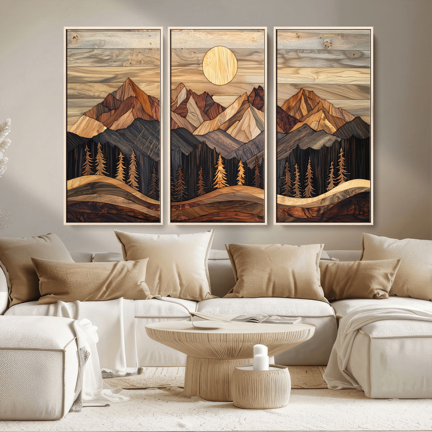 50100230-MGV-CV-36X24-Wooden Mountain Wall Art – Rustic Nature Landscape Canvas Print, Handmade Style Sun, Forest, and Peaks Artwork for Living Room,