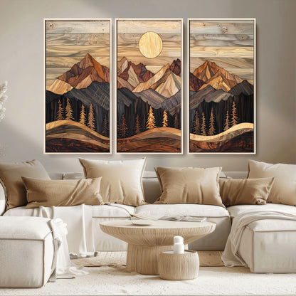 50100230-MGV-CV-36X24-Wooden Mountain Wall Art – Rustic Nature Landscape Canvas Print, Handmade Style Sun, Forest, and Peaks Artwork for Living Room,