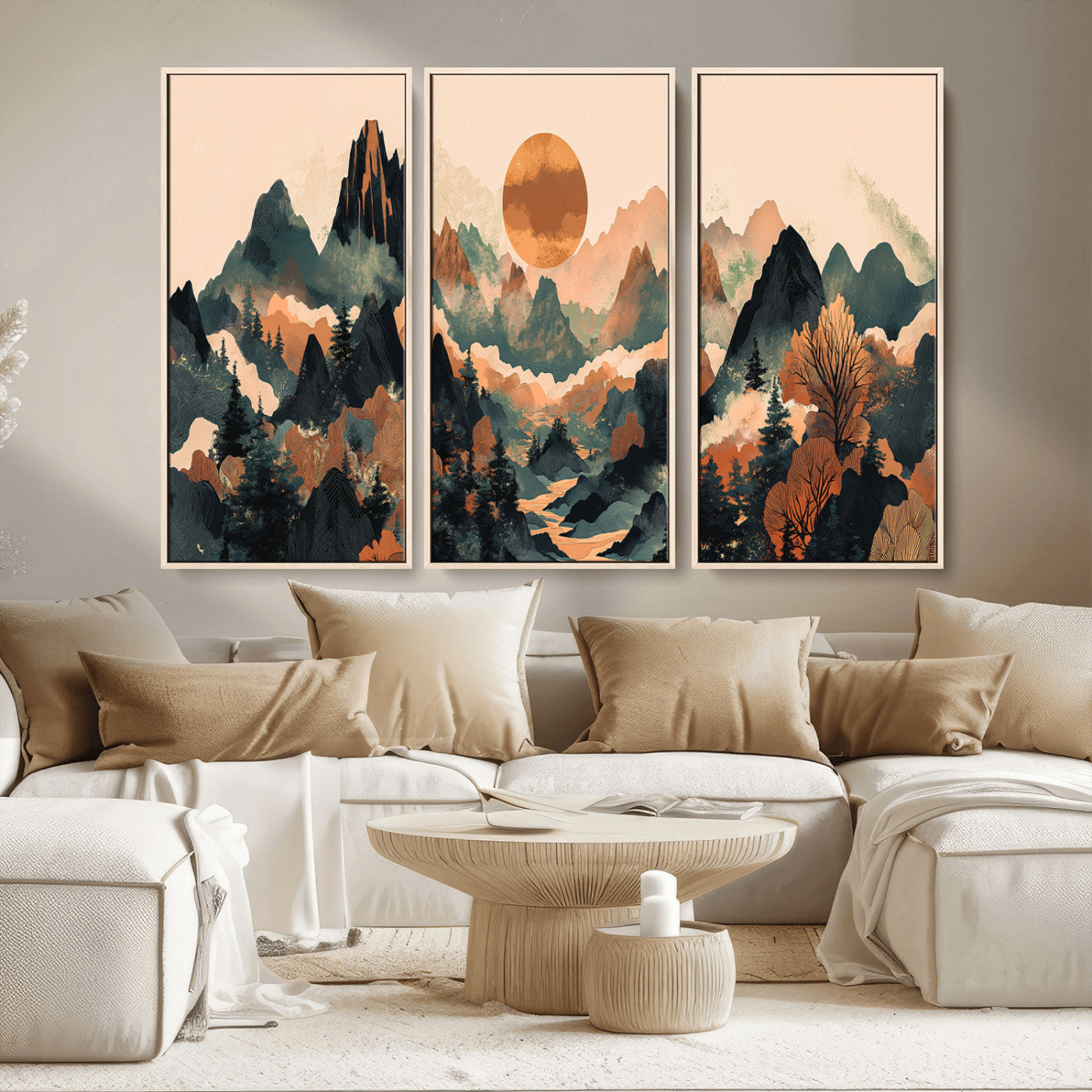 13012770-MGV-CV-36X24-Mountain Landscape Wall Art – Modern Nature Canvas Print with Sun, Misty Peaks, and Forest in Orange and Green Tones for Living