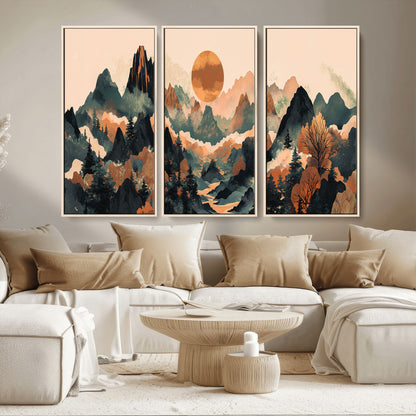 13012770-MGV-CV-36X24-Mountain Landscape Wall Art – Modern Nature Canvas Print with Sun, Misty Peaks, and Forest in Orange and Green Tones for Living