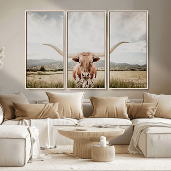 80054319-MGV-CV-36X24-Longhorn Wall Art – Rustic Western Canvas Print, Majestic Bull Artwork for Farmhouse, Ranch or Living Room