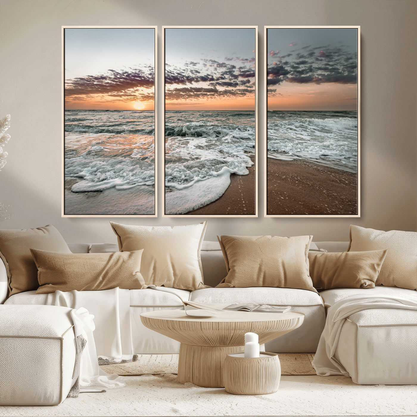 40632752-MGV-CV-36X24-Ocean Sunset Wall Art Canvas Print, Framed Beach Waves Art Picture Print, Coastal Scene Perfect Coastal Decor Artwork