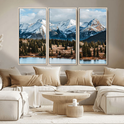 36247746-MGV-CV-36X24-Snowy Peaks Wall Art Canvas Print, Framed Alpine Lake Art Picture Print, Pine Forest Perfect Alpine Wilderness Decor Artwork