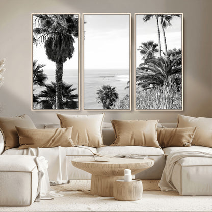 89458520-MGV-CV-36X24-Palm Trees Wall Art Canvas Print, Framed Coastal View Art Picture Print, Ocean Horizon Perfect Monochrome Coast Decor Artwork