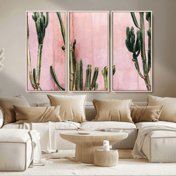 93119502-MGV-FC-48X32-3P_Natural-Tall Cactus Wall Art Canvas Print, Framed Pink Wall Art Picture Print, Cactus Lines Perfect Modern Desert Decor Artwork